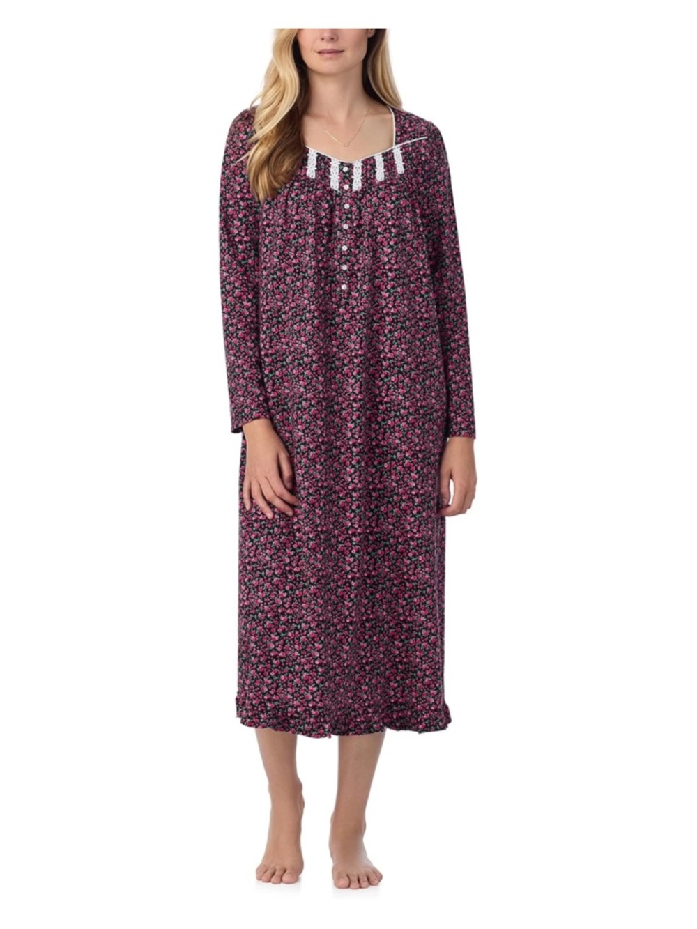 Eileen West Dark Pink Floral Long Sleeve Nightgown large